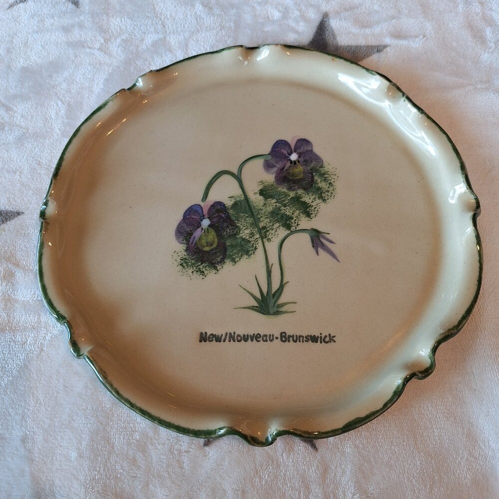 Monique Duclos Studio Art Pottery Plate Dish Ruffled Edge Signed Purple Flowers